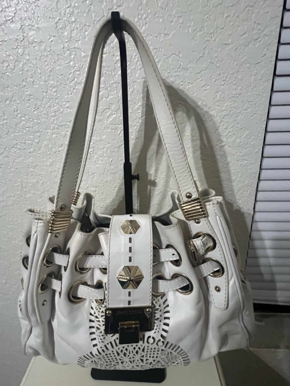 Jimmy Choo White Shoulder Bag with Gold Accents
